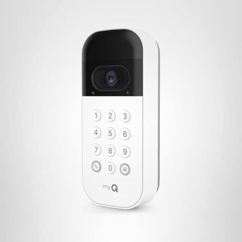 myQ - Teclado inteligente de video para puerta de garaje con cámara gran angular, códigos PIN personalizables y control de teléfono inteligente. Toma el control de tu acceso al garaje, funciona con