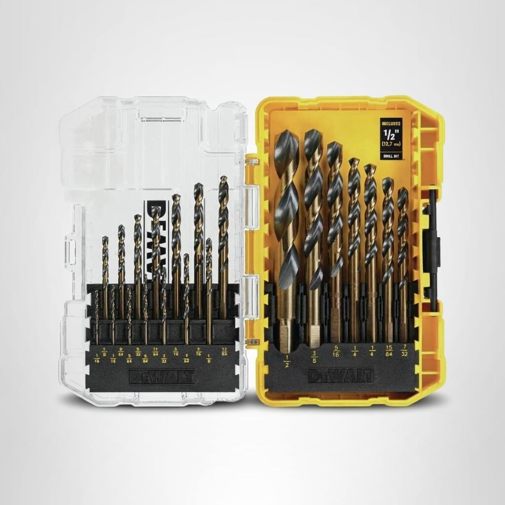 DEWALT Juego de brocas, 21 brocas DEWALT de acero de alta velocidad, revestimiento de óxido negro y dorado, punto dividido de 135 grados, hélice de 31 grados (DWA1181)