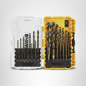 DEWALT Juego de brocas, 21 brocas DEWALT de acero de alta velocidad, revestimiento de óxido negro y dorado, punto dividido de 135 grados, hélice de 31 grados (DWA1181)
