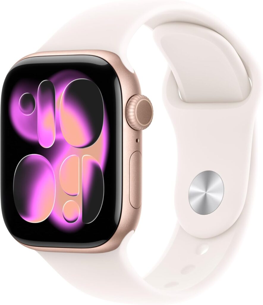 Apple Reloj inteligente de la serie 11 [GPS de 1.654 in] con caja de aluminio oro rosa con banda deportiva color rubor claro - S/M. Puntuación de sueño, rastreador de fitness, monitoreo de salud, pantalla siempre encendida, resistente al agua