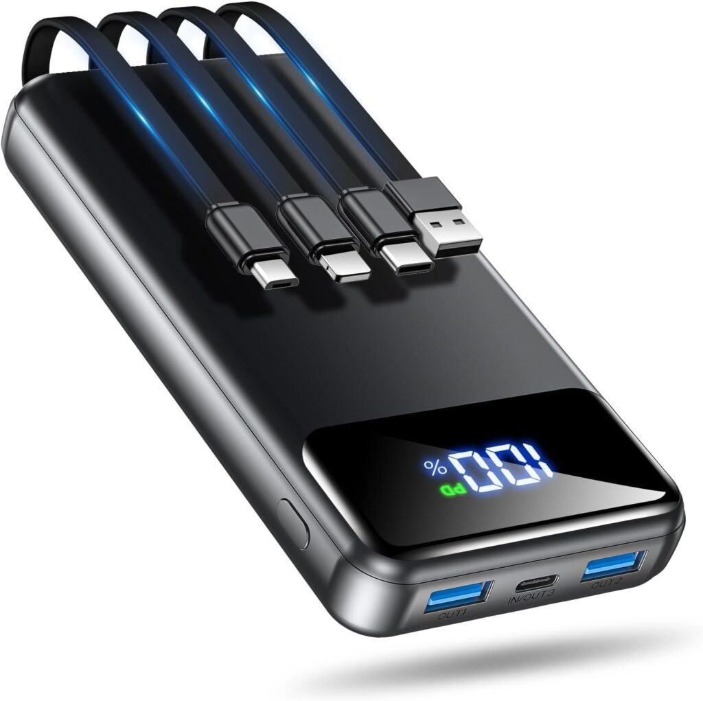 OHOVIV Cargador portátil de batería de 50000 mAh, batería de carga rápida de 22.5 W con cables integrados, cargador de teléfono portátil USB-C esencial de viaje para iPhone, Samsung Pixel, Android, iPad