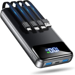 OHOVIV Cargador portátil de batería de 50000 mAh, batería de carga rápida de 22.5 W con cables integrados, cargador de teléfono portátil USB-C esencial de viaje para iPhone, Samsung Pixel, Android, iPad