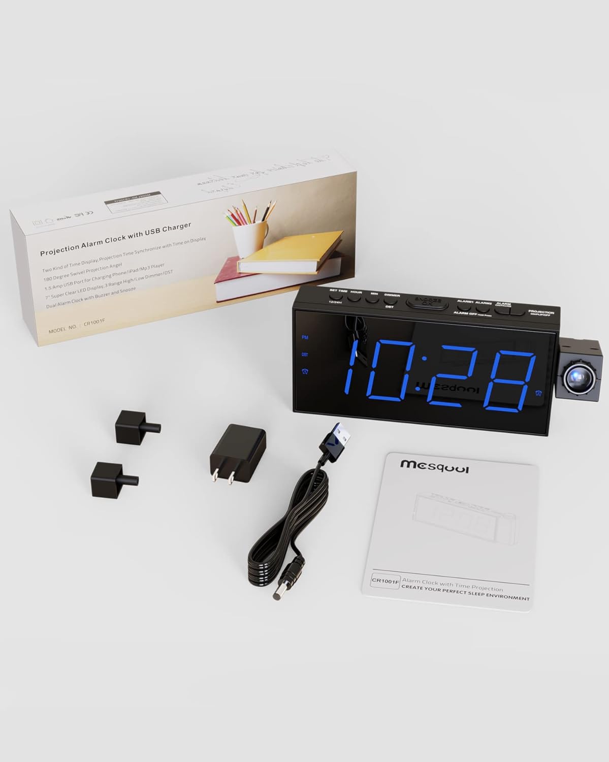 Reloj despertador digital con proyector para dormitorio, con LED grande, para proyección en pared y techo, giro de 180 °, atenuador, cargador USB, respaldo de batería, alarma de volumen fuerte dual, para personas con sueño pesado, niños y ancianos - Image 9