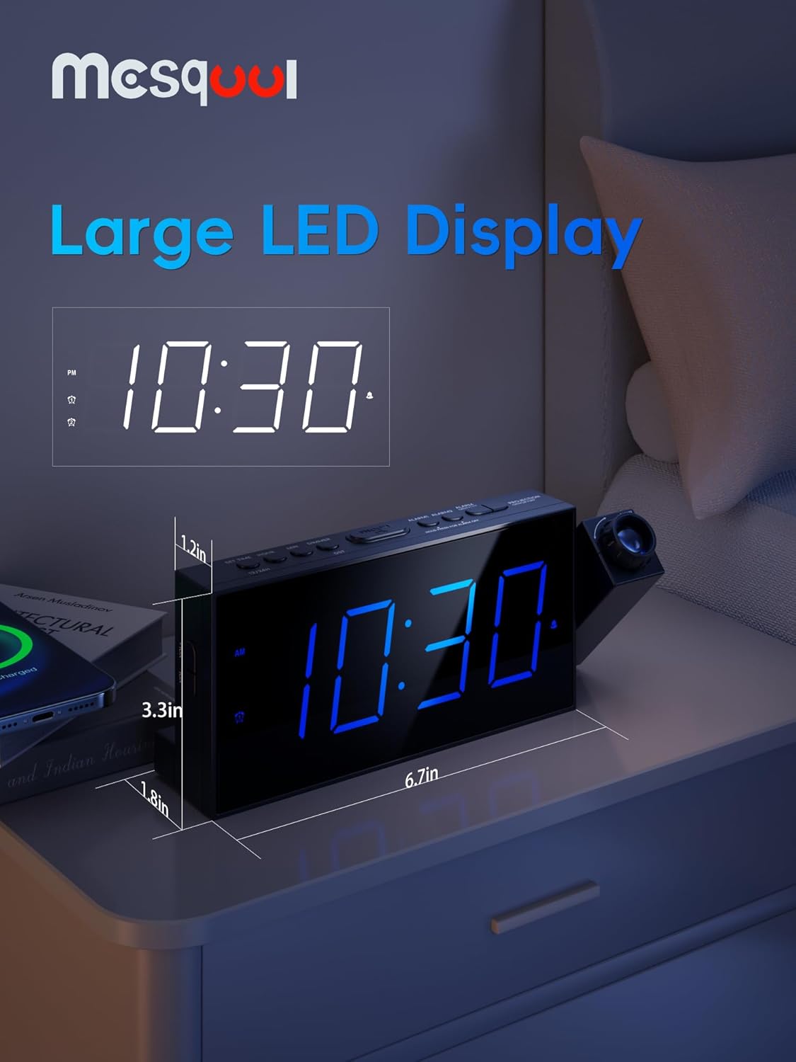 Reloj despertador digital con proyector para dormitorio, con LED grande, para proyección en pared y techo, giro de 180 °, atenuador, cargador USB, respaldo de batería, alarma de volumen fuerte dual, para personas con sueño pesado, niños y ancianos - Image 2