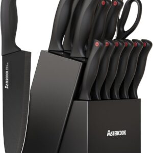 Astercook - Juego de cuchillos de 15 piezas para cocina con bloque, juego de cuchillos de cocina aptos para lavavajillas con bloque afilador integrado, juego de bloques de cuchillos de acero inoxidable alemán, color negro