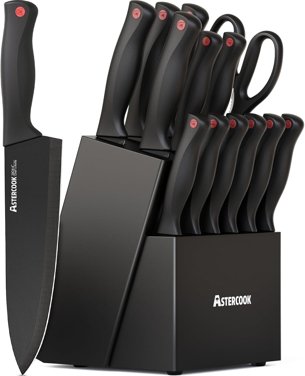 Astercook - Juego de cuchillos de 15 piezas para cocina con bloque, juego de cuchillos de cocina aptos para lavavajillas con bloque afilador integrado, juego de bloques de cuchillos de acero inoxidable alemán, color negro