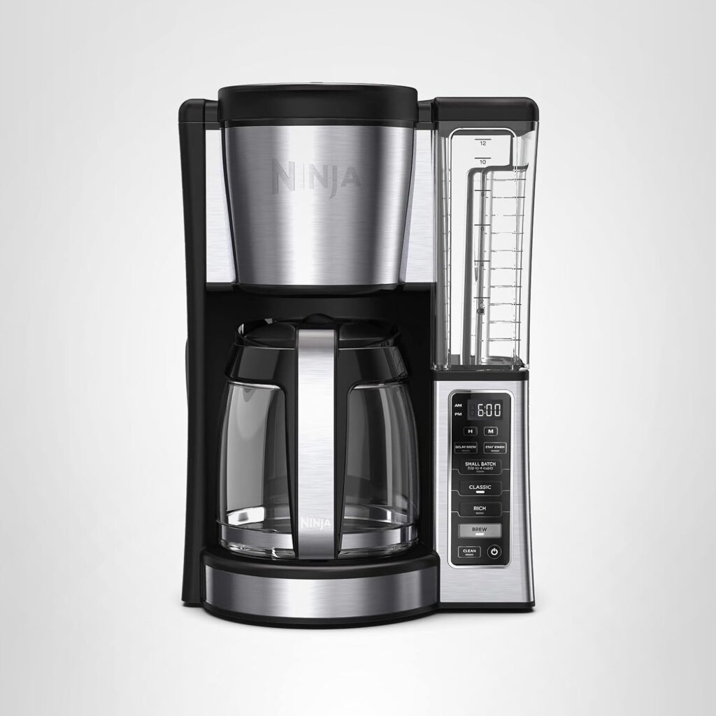 Ninja Cafetera programable de 12 tazas, 2 estilos de preparación, plato caliente ajustable, depósito de agua de 60 onzas, preparación retardada, negro/acero inoxidable