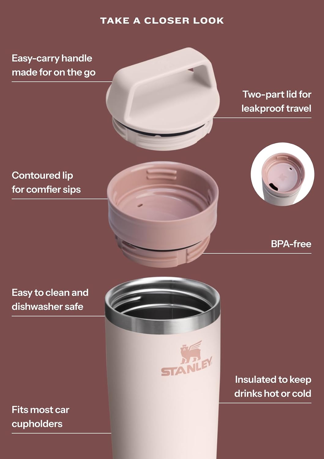 STANLEY Cafe To Go Taza de Viaje de 20 oz | Tapa Antiderrames de Dos Partes para Beber | Vaso Térmico para Café, Té y Bebidas | Taza de Café Aislada de Acero Inoxidable | Sin BPA | Cuarzo Rosa - Image 7