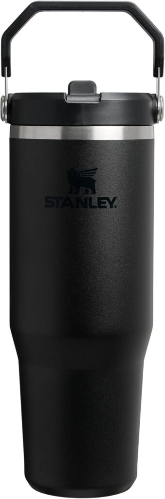 Stanley IceFlow 2.0 - Vaso con pajilla abatible con asa, 30 onzas, tapa giratoria y popote abatible, botella de agua resistente a fugas, acero inoxidable aislado sin BPA, color negro 2.0