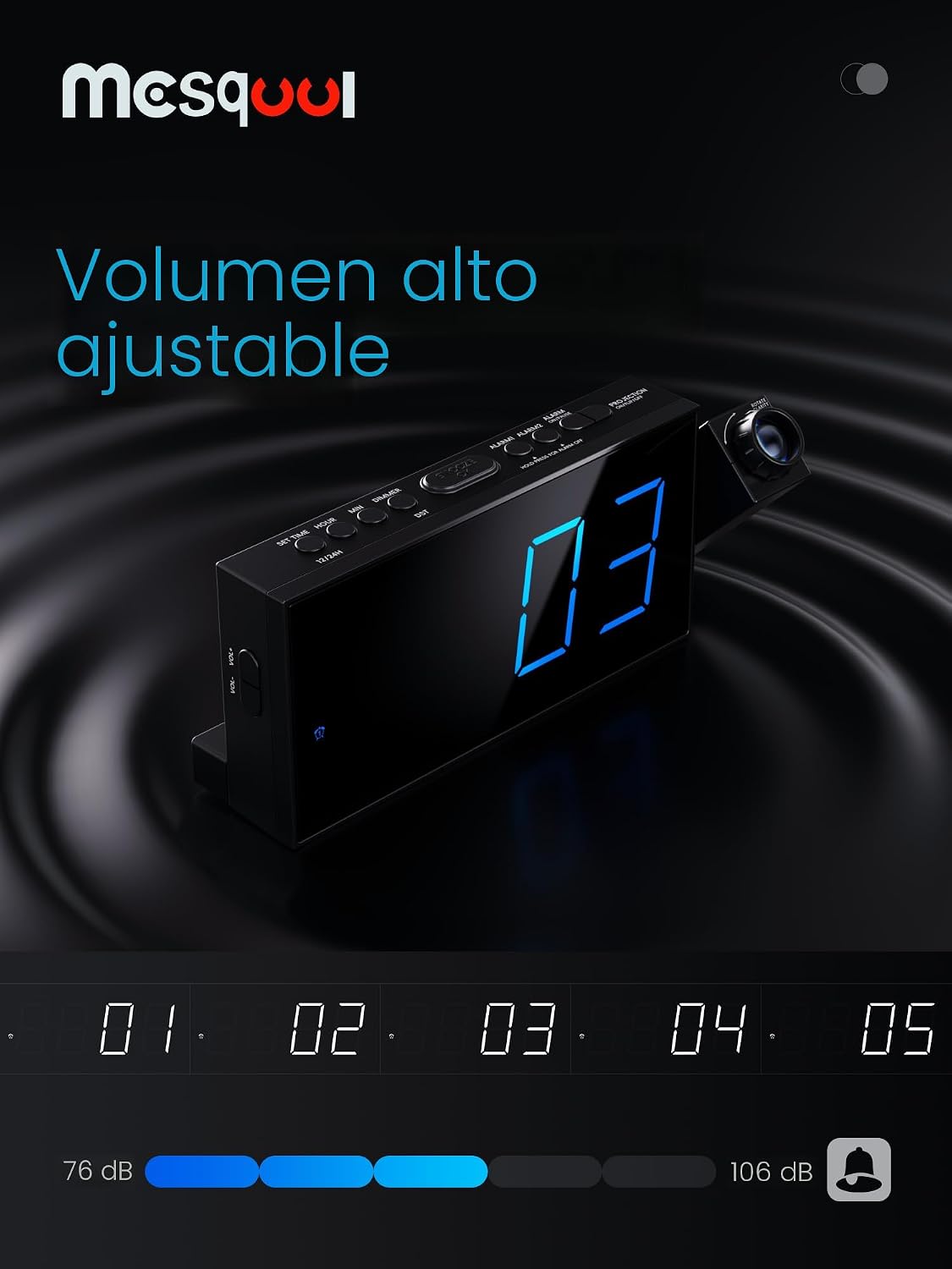 Reloj despertador digital con proyector para dormitorio, con LED grande, para proyección en pared y techo, giro de 180 °, atenuador, cargador USB, respaldo de batería, alarma de volumen fuerte dual, para personas con sueño pesado, niños y ancianos - Image 5