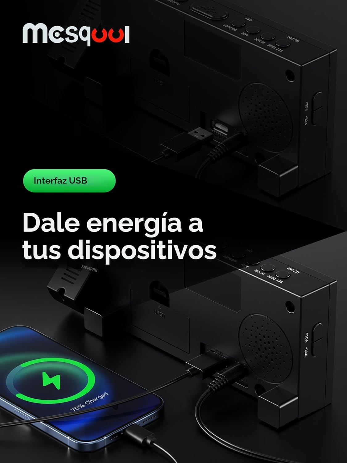 Reloj despertador digital con proyector para dormitorio, con LED grande, para proyección en pared y techo, giro de 180 °, atenuador, cargador USB, respaldo de batería, alarma de volumen fuerte dual, para personas con sueño pesado, niños y ancianos - Image 6