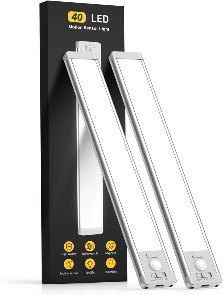MCGOR Iluminación bajo gabinete de 10 pulgadas, paquete de 2 luces recargables con sensor de movimiento para interiores, 5 niveles regulables, luces magnéticas para armario, luces inalámbricas bajo
