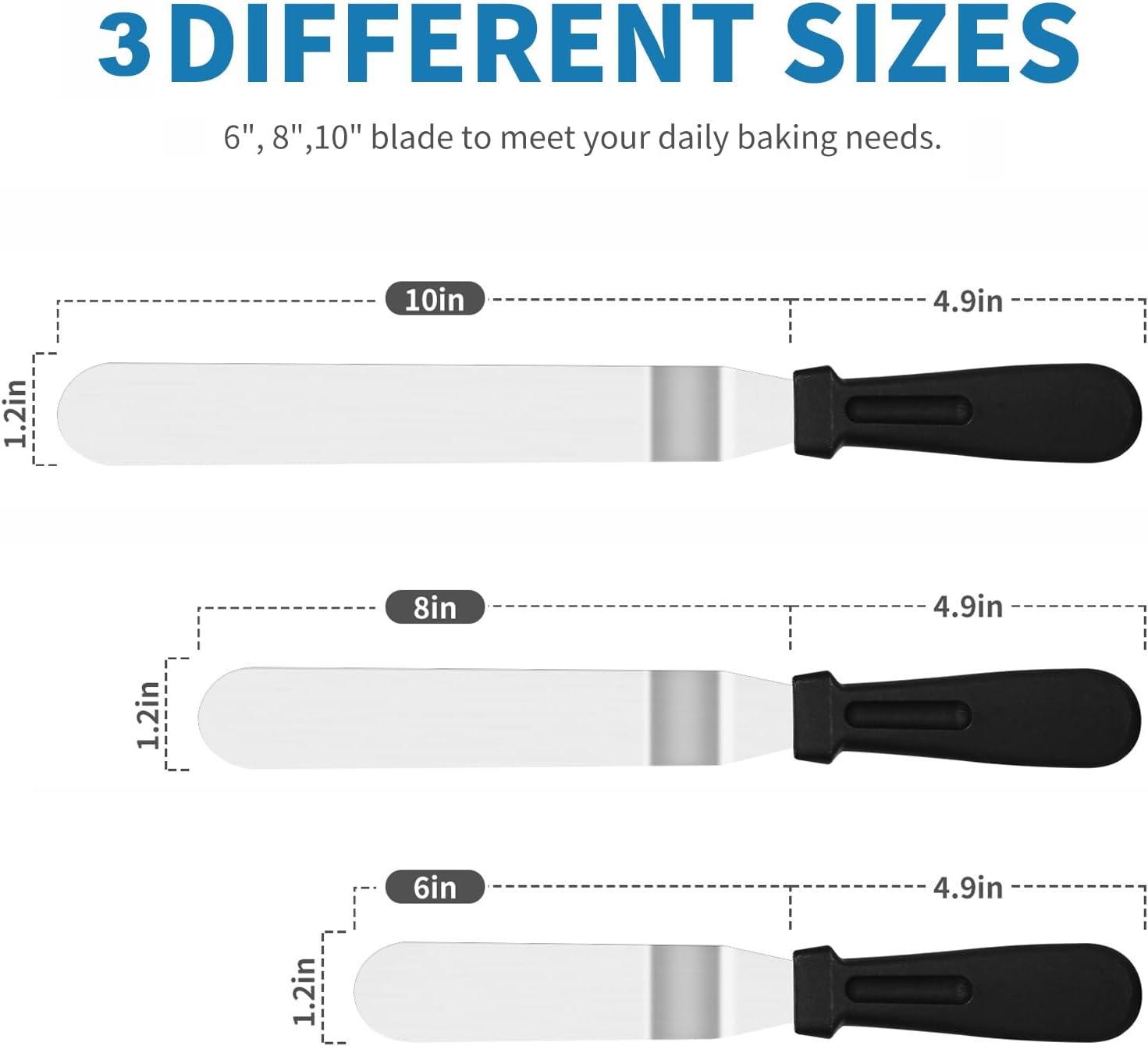3 piezas de espátulas para glaseado, espátula offset, juego de espátulas para decorar pasteles de acero inoxidable de 6/8/10 pulgadas, espátula de pastel profesional con ángulo y mango de plástico - Image 2