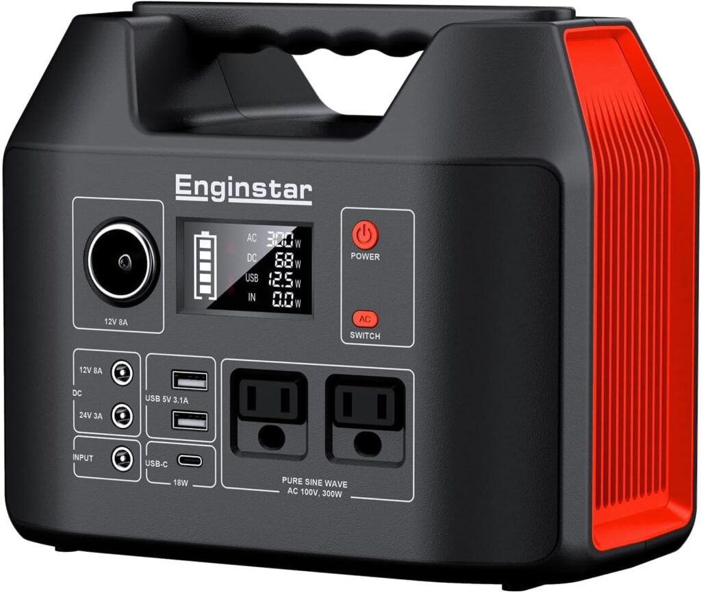 EnginStar Estación de energía portátil de 300 W 296 Wh con salida de CA de onda sinusoidal pura de 110 V para acampar al aire libre, caza y emergencia, fuente de alimentación de batería de reserva de 80000 mAh para CPAP