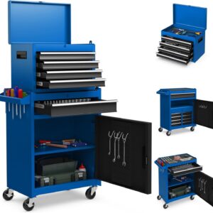 Goplus Caja de herramientas, gabinete rodante de 5 cajones con caja de herramientas superior desmontable, ruedas con cerradura, barra de bloqueo, forro protector y estante para herramientas, carro de