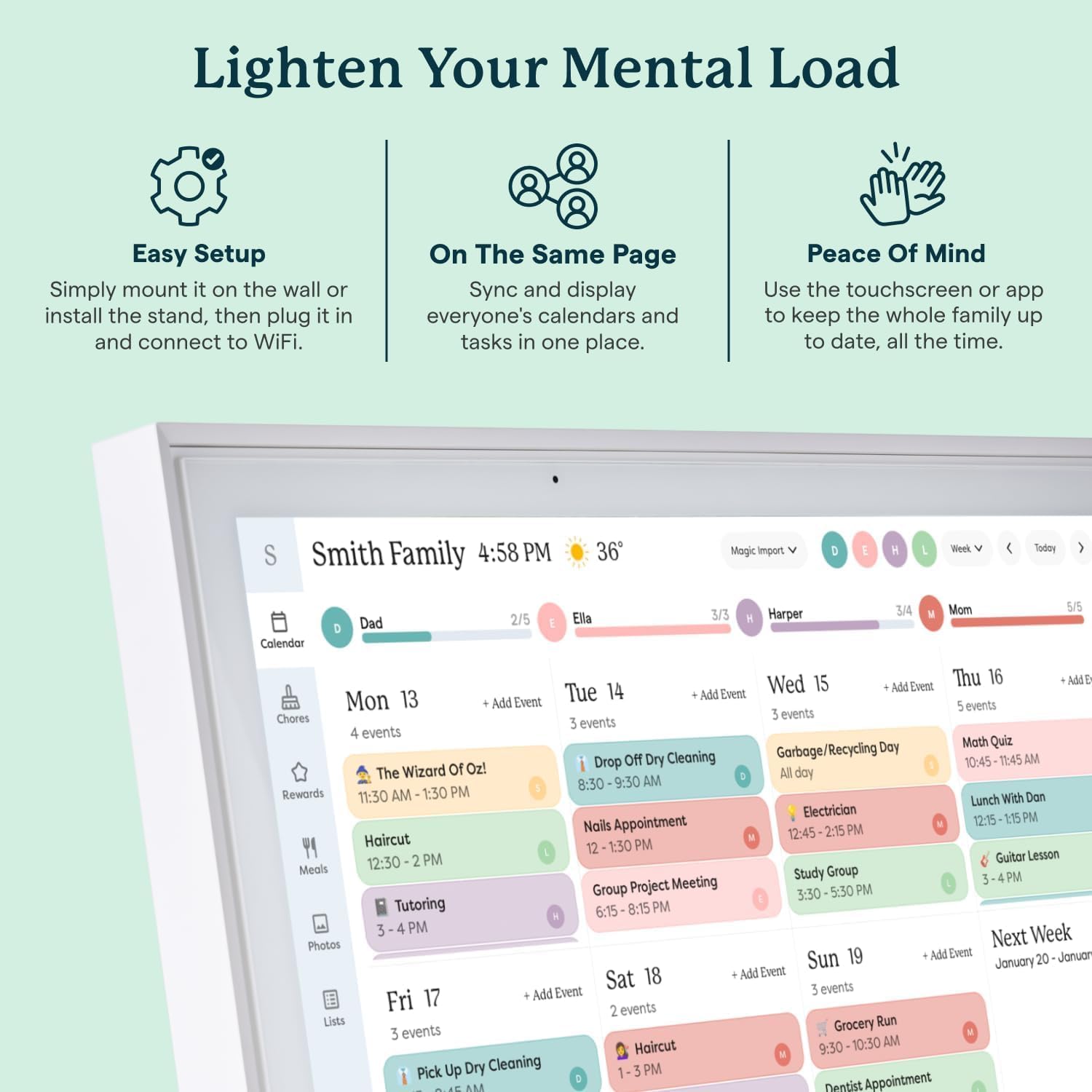 Calendario Skylight: Planificador de pared digital de 38,1 cm y tabla de tareas, pantalla interactiva inteligente táctil para horarios familiares – Incluye montaje en pared, ideal para organizar tu - Image 8