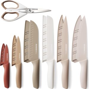 Astercook Juego de cuchillos, juego de 13 piezas de cuchillos de cocina con revestimiento saludable antióxido, apto para lavavajillas, juego de cuchillos de chef de acero inoxidable con 6 protectores