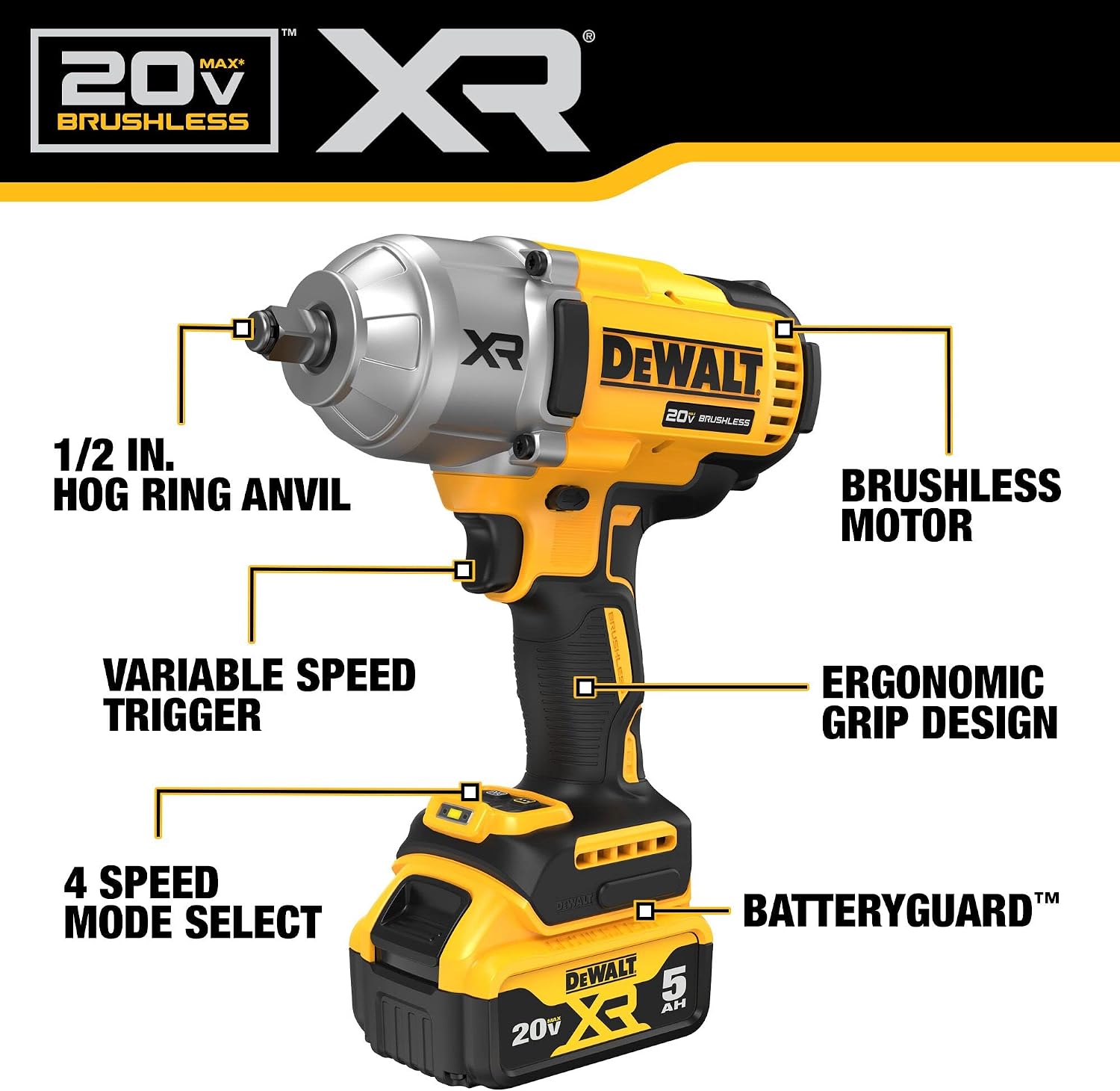 DEWALT Llave de impacto inalámbrica de 20 V MAX con yunque de anillo de cerdo, pistola de impacto de alto par 1/2 sin escobillas, velocidad de 4 modos, incluye batería, cargador y bolsa de kit - Image 4