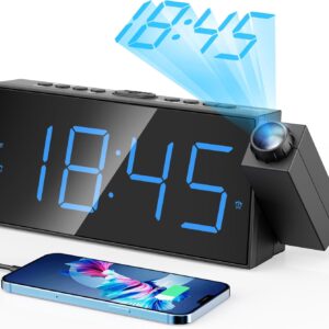 Reloj despertador digital con proyector para dormitorio, con LED grande, para proyección en pared y techo, giro de 180 °, atenuador, cargador USB, respaldo de batería, alarma de volumen fuerte dual, para personas con sueño pesado, niños y ancianos