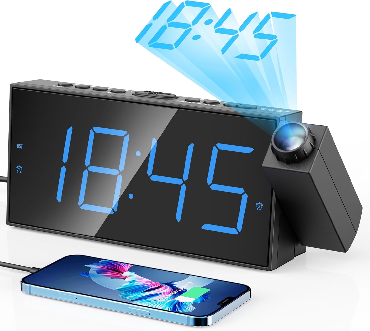 Reloj despertador digital con proyector para dormitorio, con LED grande, para proyección en pared y techo, giro de 180 °, atenuador, cargador USB, respaldo de batería, alarma de volumen fuerte dual, para personas con sueño pesado, niños y ancianos