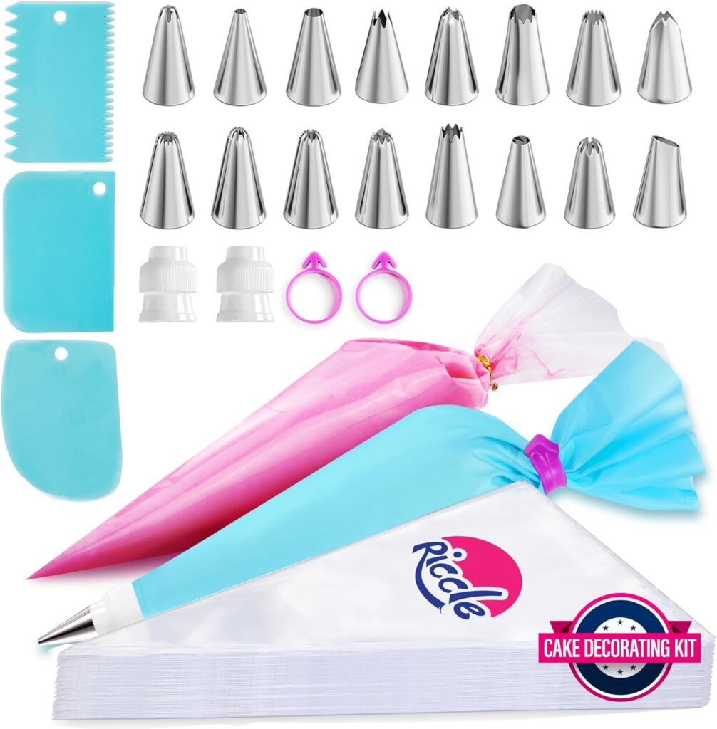 Juego de bolsas y puntas para tubería, 11.8 Pulgadas 100 bolsas anti-reventón, kit de decoración de pasteles de 124 piezas con 16 puntas para tubería, 1 bolsa de repostería reutilizable, 3