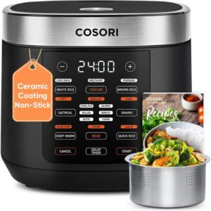 COSORI Arrocera 10 Tazas, Mantiene Caliente 24h, Olla Interna de Cerámica Antiadherente, Arrocera Lógica Difusora de 18 Funciones con Cesta de Vapor de Acero Inoxidable, Sartén, Olla de Cocción Lenta