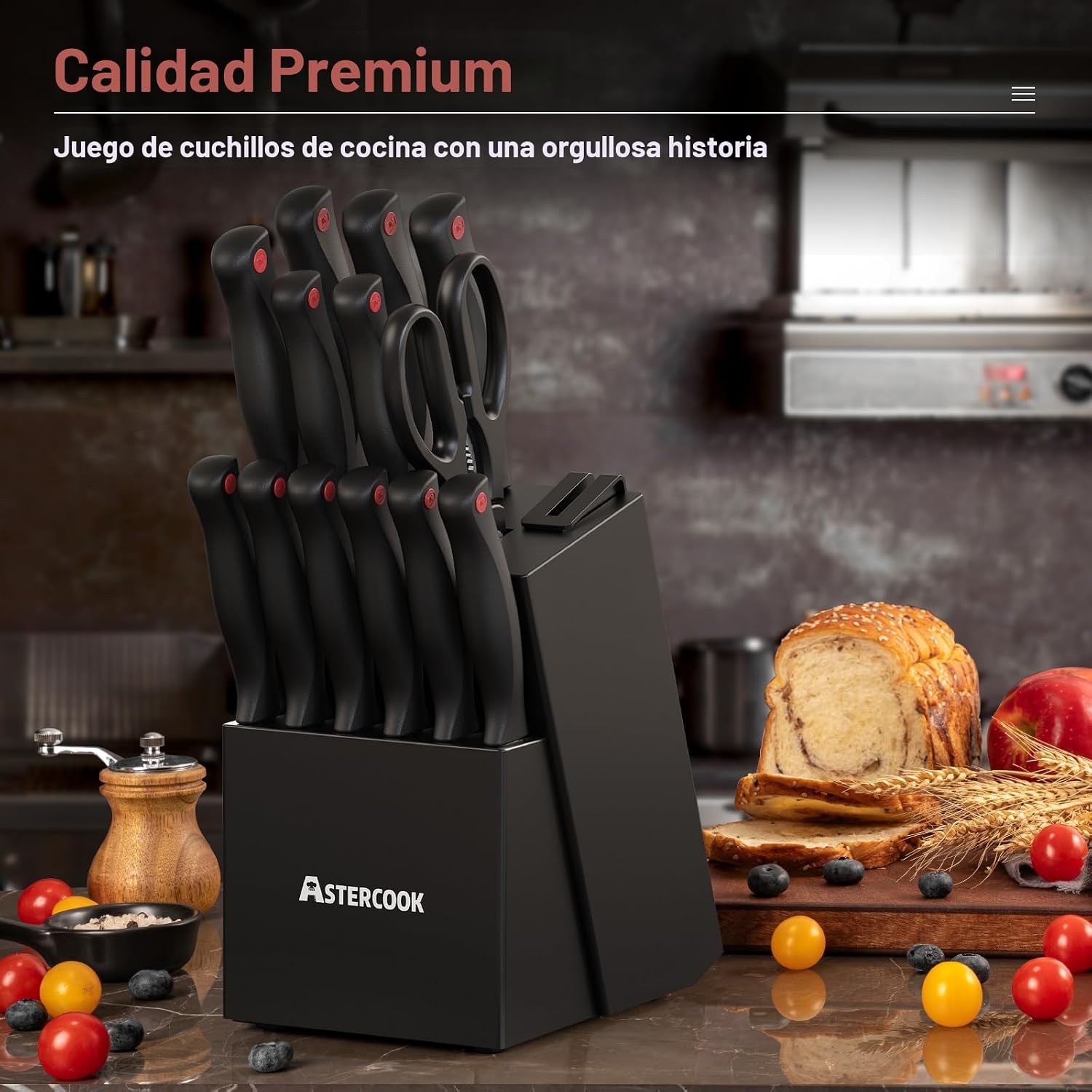 Astercook - Juego de cuchillos de 15 piezas para cocina con bloque, juego de cuchillos de cocina aptos para lavavajillas con bloque afilador integrado, juego de bloques de cuchillos de acero inoxidable alemán, color negro - Image 5