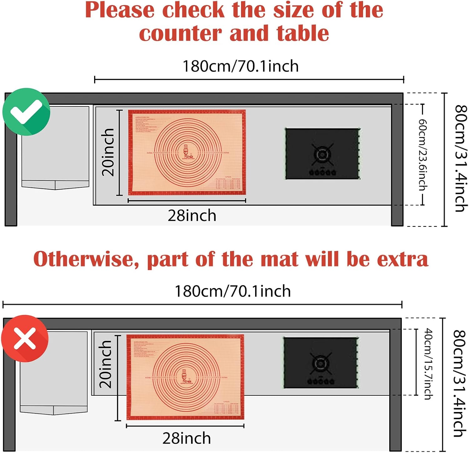 Tapete de Silicona Antideslizante para Pastelería Extra Grande con Medidas de 28'' por 20'' para Tapete de Horneado de Silicona, Mostrador, Enrollado de Masa, Forro de Horno, Fondant/Masa de Pastel de - Image 2