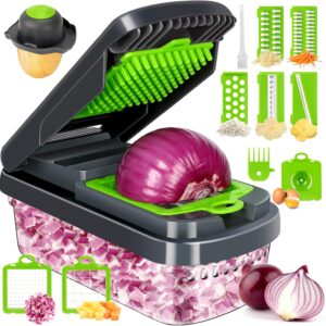 Yusshn Picador de verduras, picador de alimentos multifuncional 12 en 1, picador profesional de cebolla con 7 cuchillas, cortador de verduras con recipiente para ensalada, papa, zanahoria y ajo