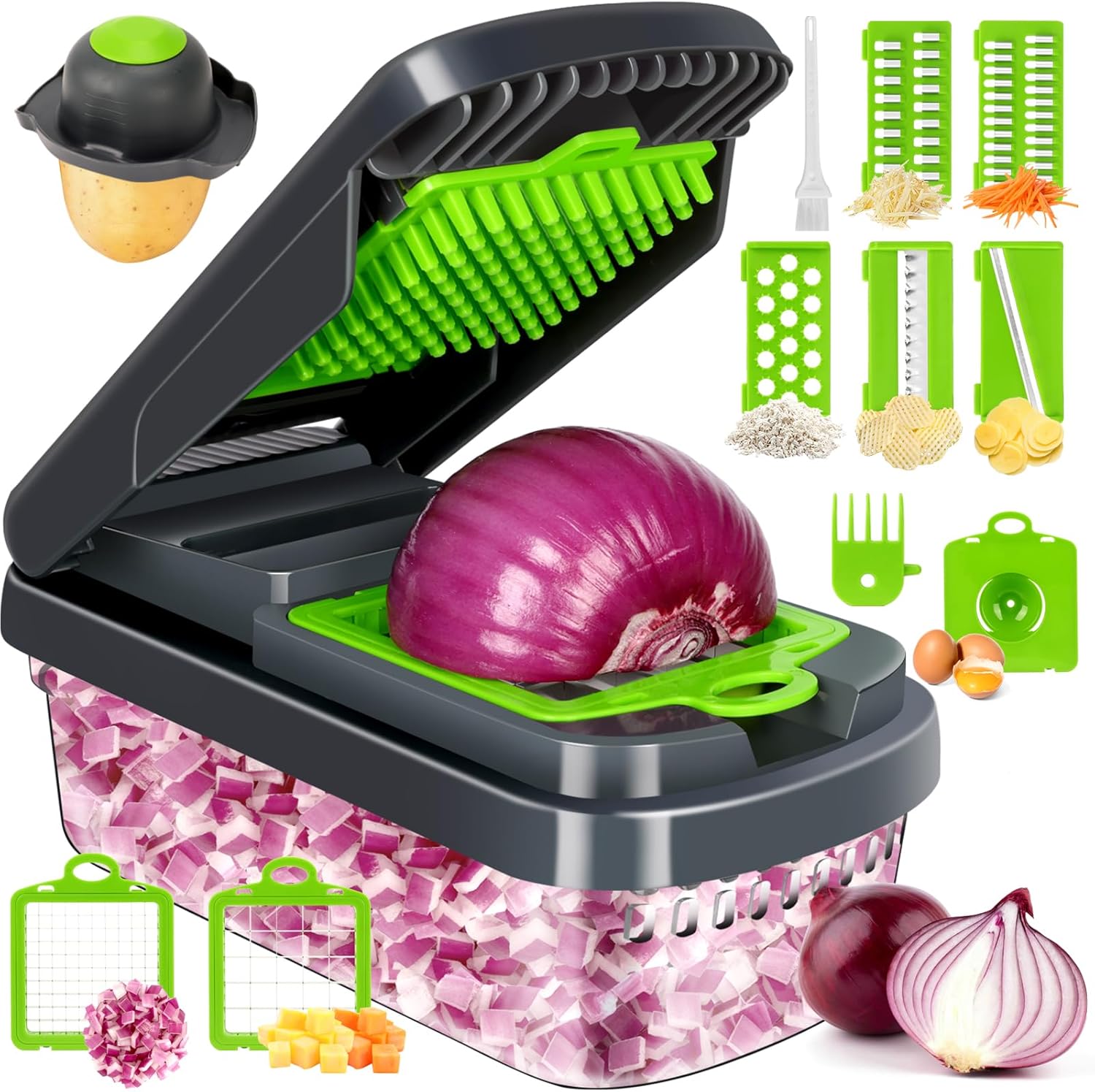 Yusshn Picador de verduras, picador de alimentos multifuncional 12 en 1, picador profesional de cebolla con 7 cuchillas, cortador de verduras con recipiente para ensalada, papa, zanahoria y ajo