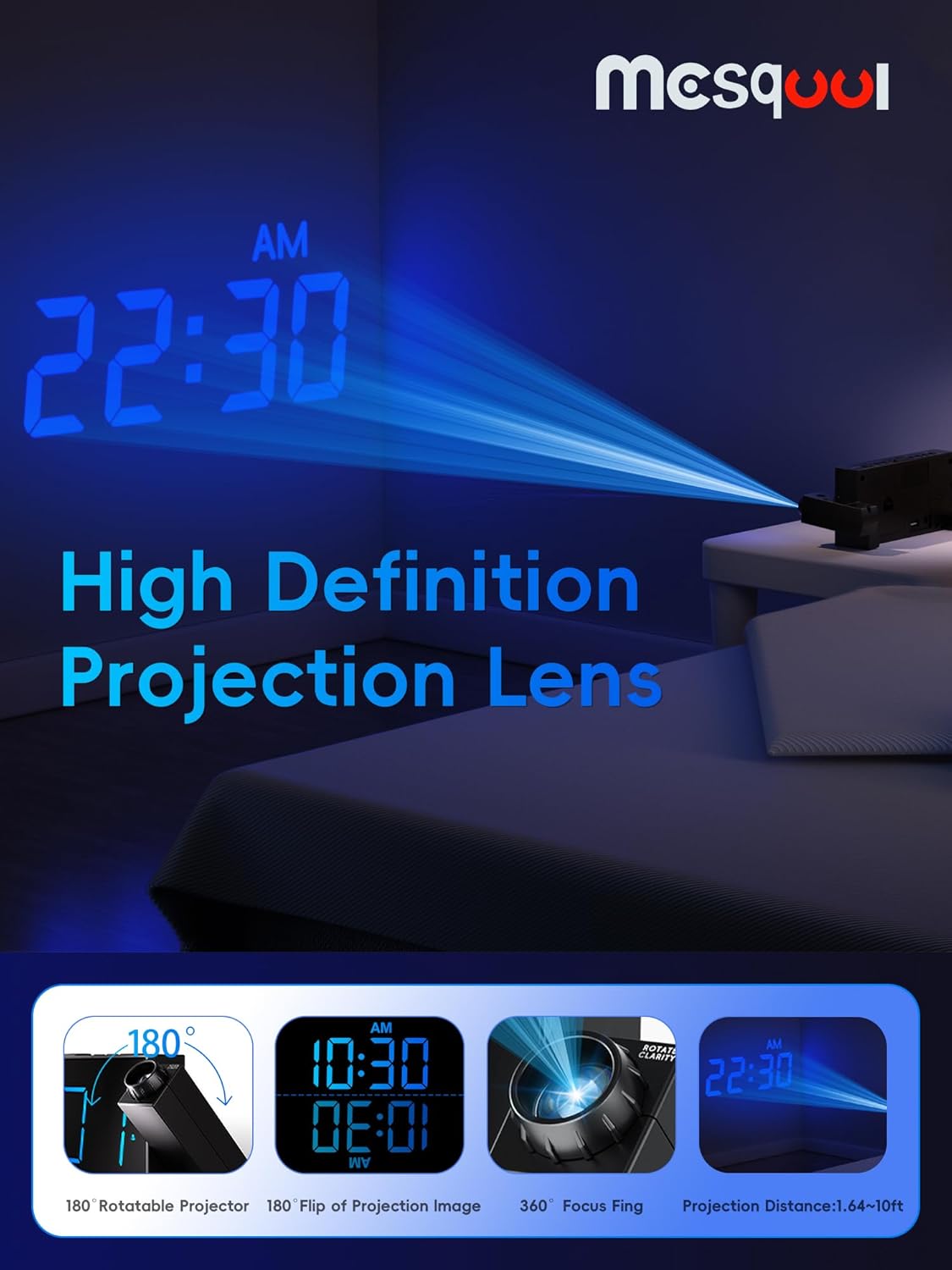 Reloj despertador digital con proyector para dormitorio, con LED grande, para proyección en pared y techo, giro de 180 °, atenuador, cargador USB, respaldo de batería, alarma de volumen fuerte dual, para personas con sueño pesado, niños y ancianos - Image 3