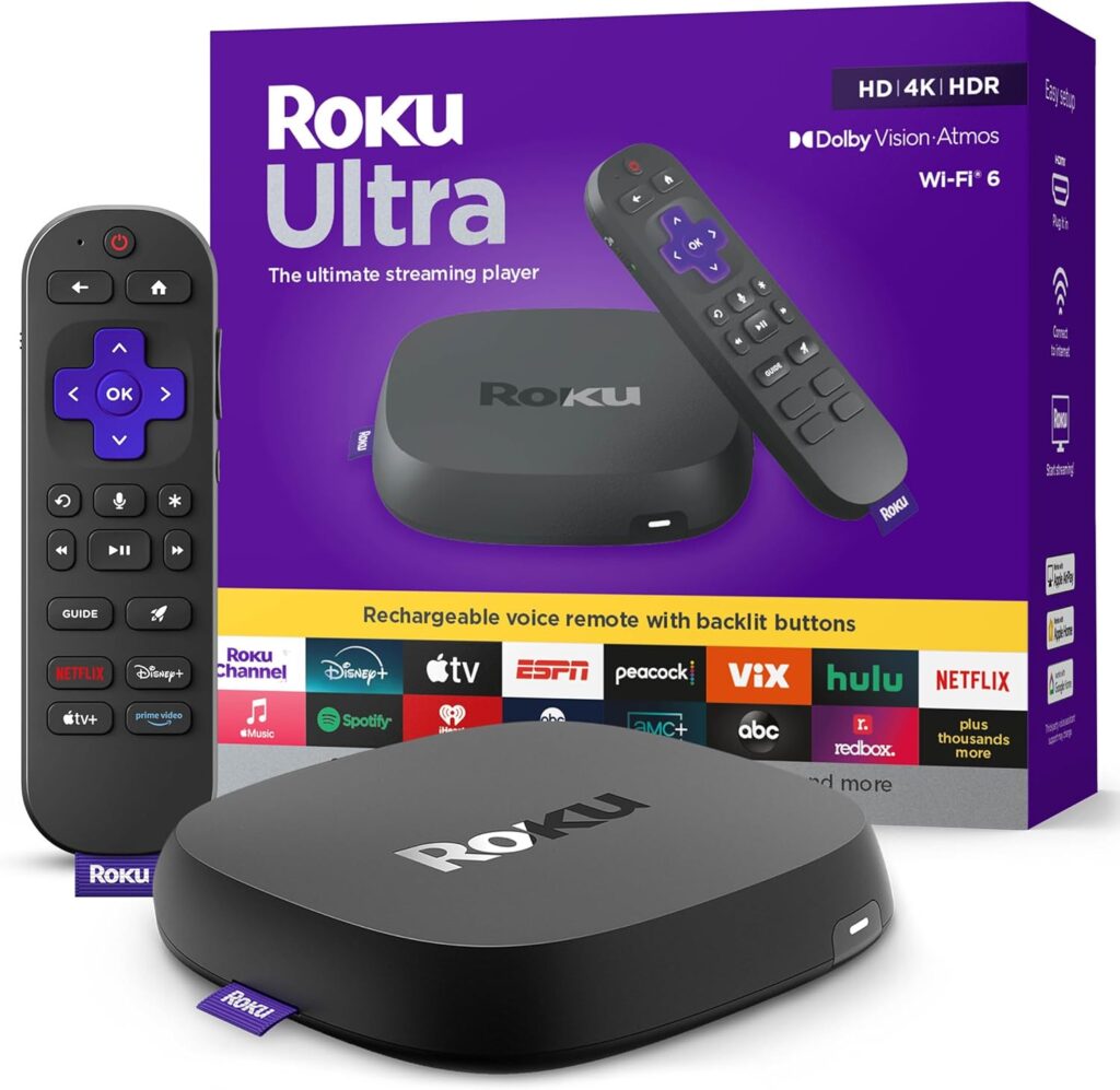 Roku Ultra - Reproductor de transmisión definitivo - Dispositivo de transmisión 4K para TV con HDR10+, Dolby Vision y Atmos - Bluetooth y Wi-Fi 6 - Control remoto por voz recargable Pro con botones