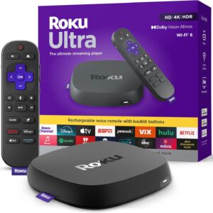 Roku Ultra - Reproductor de transmisión definitivo - Dispositivo de transmisión 4K para TV con HDR10+, Dolby Vision y Atmos - Bluetooth y Wi-Fi 6 - Control remoto por voz recargable Pro con botones