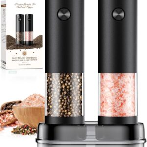 Juego de molinillo eléctrico de sal y pimienta, batería automática, molinillo de pimienta, grosor ajustable, fácil de llenar, capacidad mejorada con LED (paquete de 2 unidades, negro/negro)