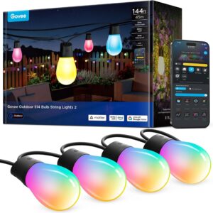 Govee Guirnalda de luces S14 para exteriores, luces inteligentes RGBIC de 144 pies de color blanco cálido con 45 bombillas LED (3 cuerdas de 48 pies), 111 modos de escena para decoración de patio, IP66 compatible con Alexa, Google, Matter, control de aplicación
