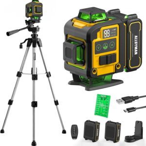 Alloyman - Nivel láser con trípode, nivel láser autonivelante de 4 x 360°, herramienta niveladora láser 4D de línea verde con 2 baterías de litio para colgar imágenes, azulejos, renovación del hogar, interior