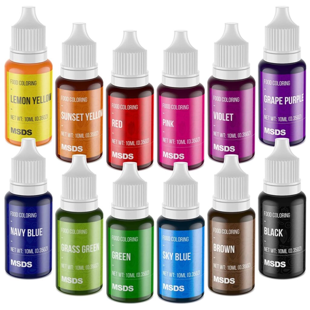 Colorantes de grado alimenticio, 12 colores vibrantes, color líquido insípido para decoración de pasteles, huevos de Pascua, glaseado, fondant, kit de suministros para bricolaje, 0.35 fl. oz/botellas