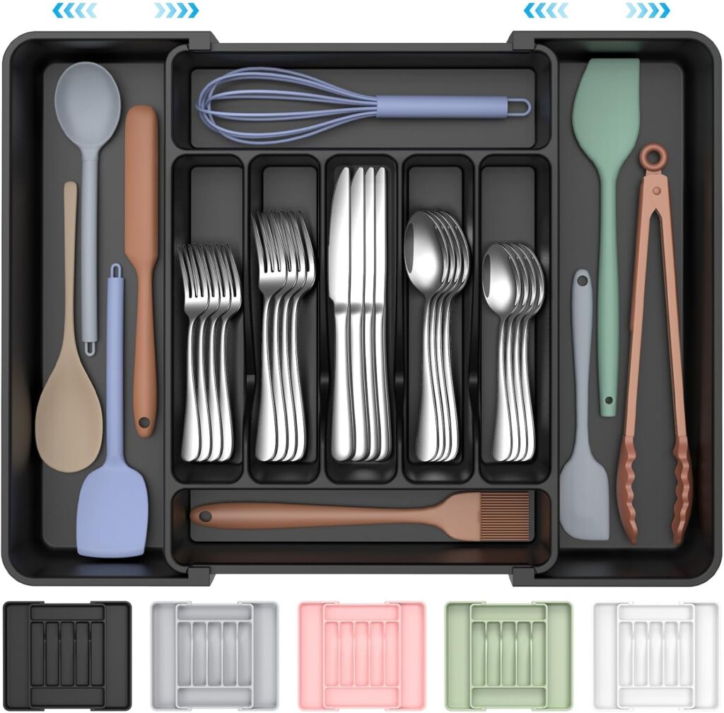 ukeetap Organizador de Cubiertos Expandible Extra Grande, Organizador de Cubiertos y Vajilla Sin BPA Apto para Alimentos, Organizador de Cajón de Utensilios de Cocina, Soporte Ajustable de Cubiertos