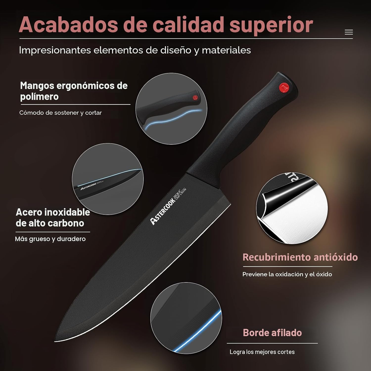 Astercook - Juego de cuchillos de 15 piezas para cocina con bloque, juego de cuchillos de cocina aptos para lavavajillas con bloque afilador integrado, juego de bloques de cuchillos de acero inoxidable alemán, color negro - Image 4