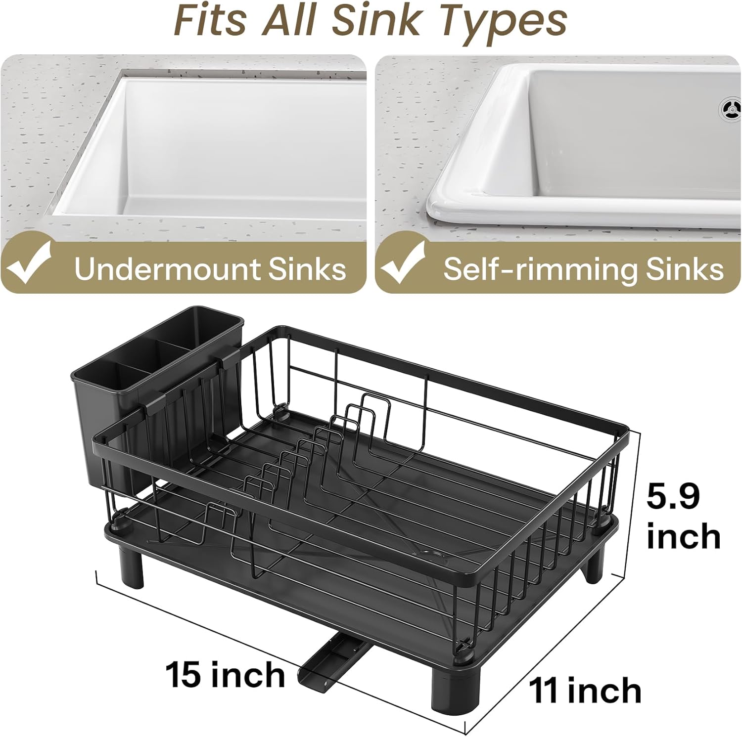 SNTD Escurridor de Platos - Escurridor de Platos Pequeño para Encimera de Cocina, Escurridor de Platos de Acero Inoxidable con Soporte para Utensilios y Bandeja de Goteo, 11" An x 15" L (Negro) - Image 2