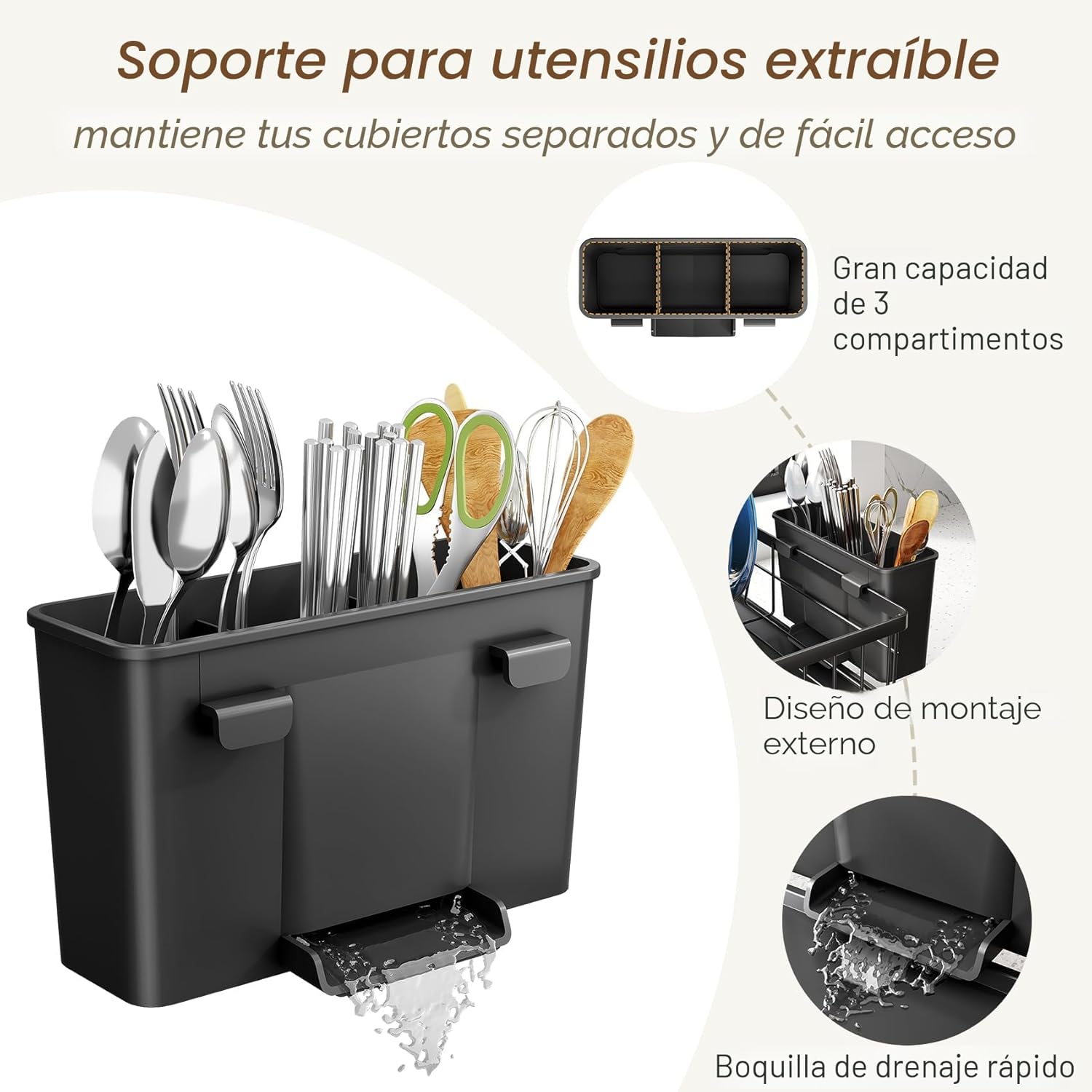 SNTD Escurridor de Platos - Escurridor de Platos Pequeño para Encimera de Cocina, Escurridor de Platos de Acero Inoxidable con Soporte para Utensilios y Bandeja de Goteo, 11" An x 15" L (Negro) - Image 9