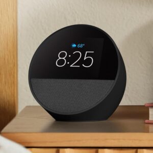 Amazon Echo Spot (modelo más reciente): ideal para mesitas de noche, oficinas y cocinas, incluye despertador inteligente con Alexa (blanco glaciar)