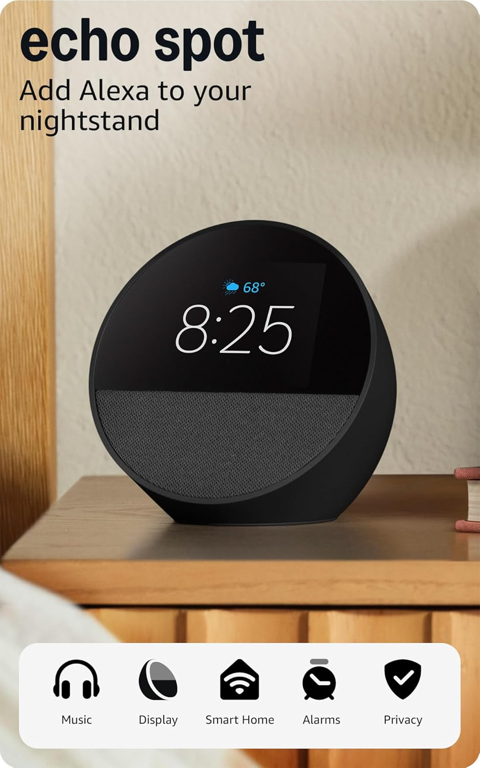 Amazon Echo Spot (modelo más reciente): ideal para mesitas de noche, oficinas y cocinas, incluye despertador inteligente con Alexa (blanco glaciar)