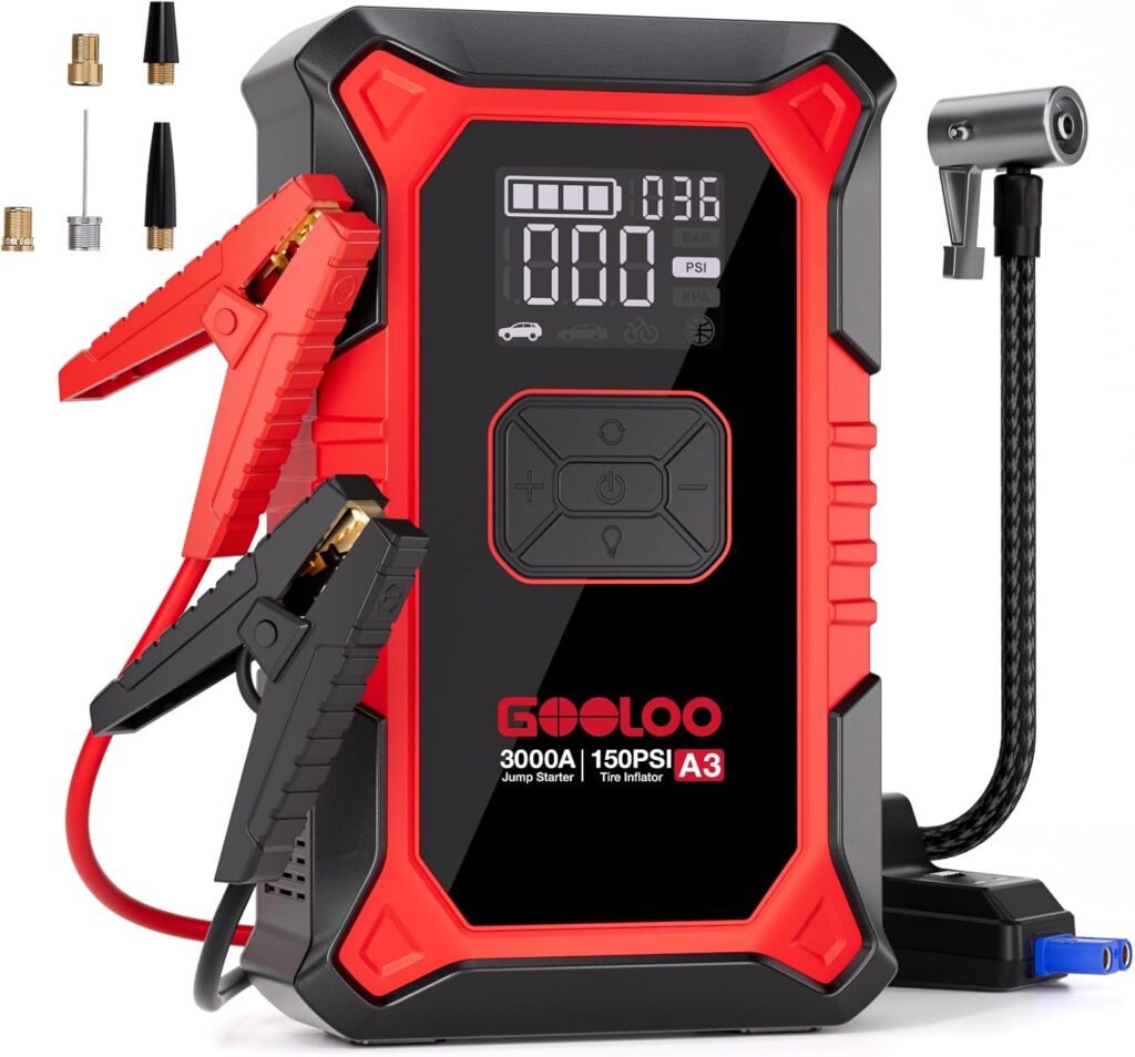 GOOLOO A3 Arrancador de Salto con Compresor de Aire, Arrancador de Batería de Coche Portátil 3000A (9.0 Gasolina/6.5L Diésel) con Inflador de Neumáticos de 150PSI con Apagado Automático, Caja de Salto