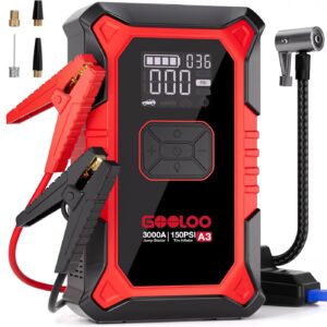 GOOLOO A3 Arrancador de Salto con Compresor de Aire, Arrancador de Batería de Coche Portátil 3000A (9.0 Gasolina/6.5L Diésel) con Inflador de Neumáticos de 150PSI con Apagado Automático, Caja de Salto
