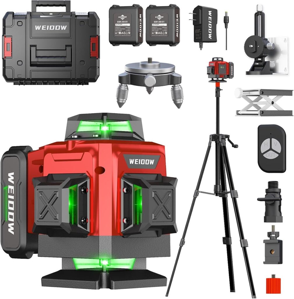 Nivel láser con trípode, nivel láser autonivelante de 4 x 360 °, herramienta niveladora láser 4D de línea verde con 2 baterías de litio para colgar imágenes, azulejos, renovación del hogar, (tamaño XL)