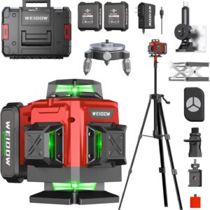 Nivel láser con trípode, nivel láser autonivelante de 4 x 360 °, herramienta niveladora láser 4D de línea verde con 2 baterías de litio para colgar imágenes, azulejos, renovación del hogar, (tamaño XL)