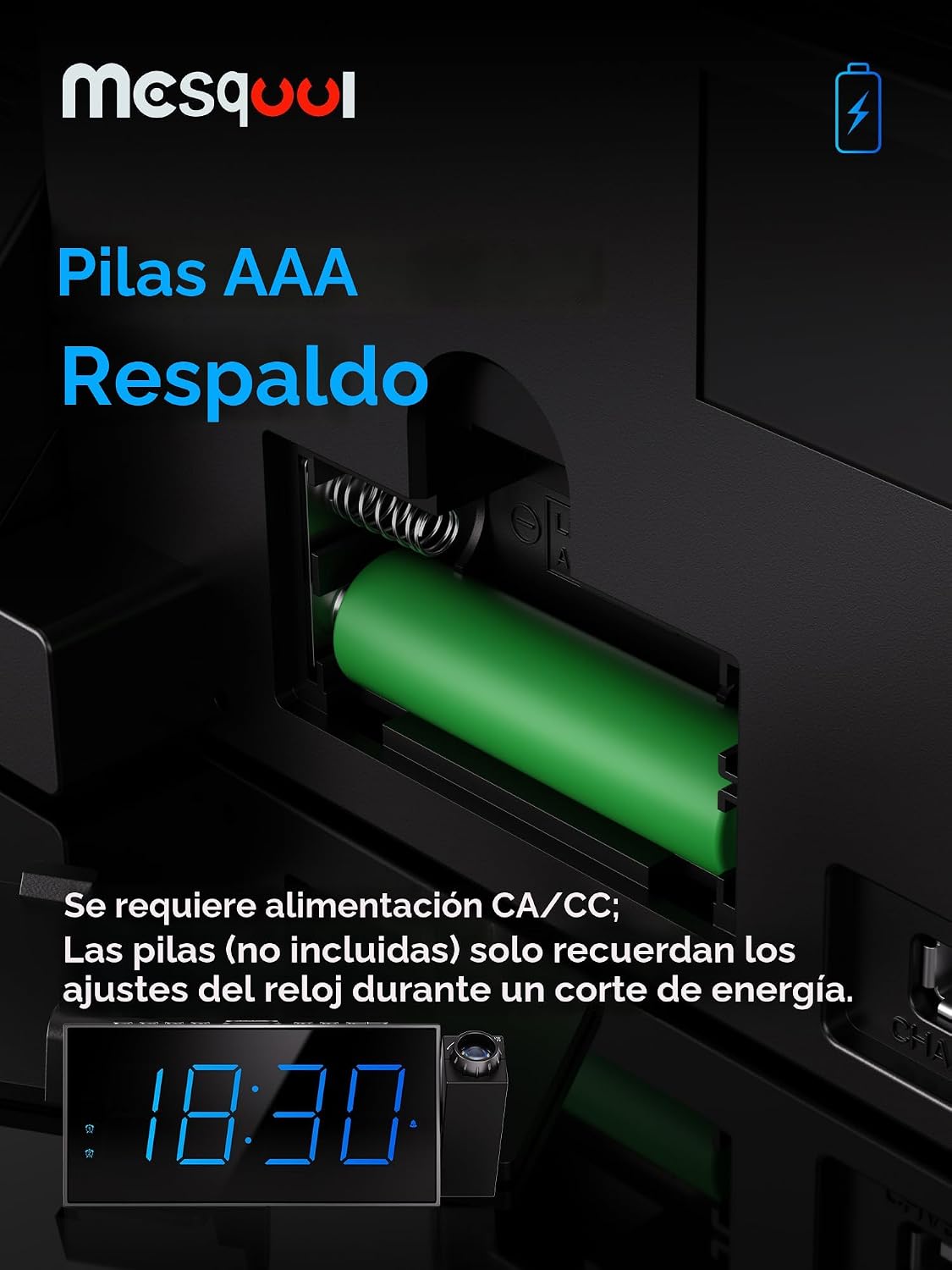 Reloj despertador digital con proyector para dormitorio, con LED grande, para proyección en pared y techo, giro de 180 °, atenuador, cargador USB, respaldo de batería, alarma de volumen fuerte dual, para personas con sueño pesado, niños y ancianos - Image 8