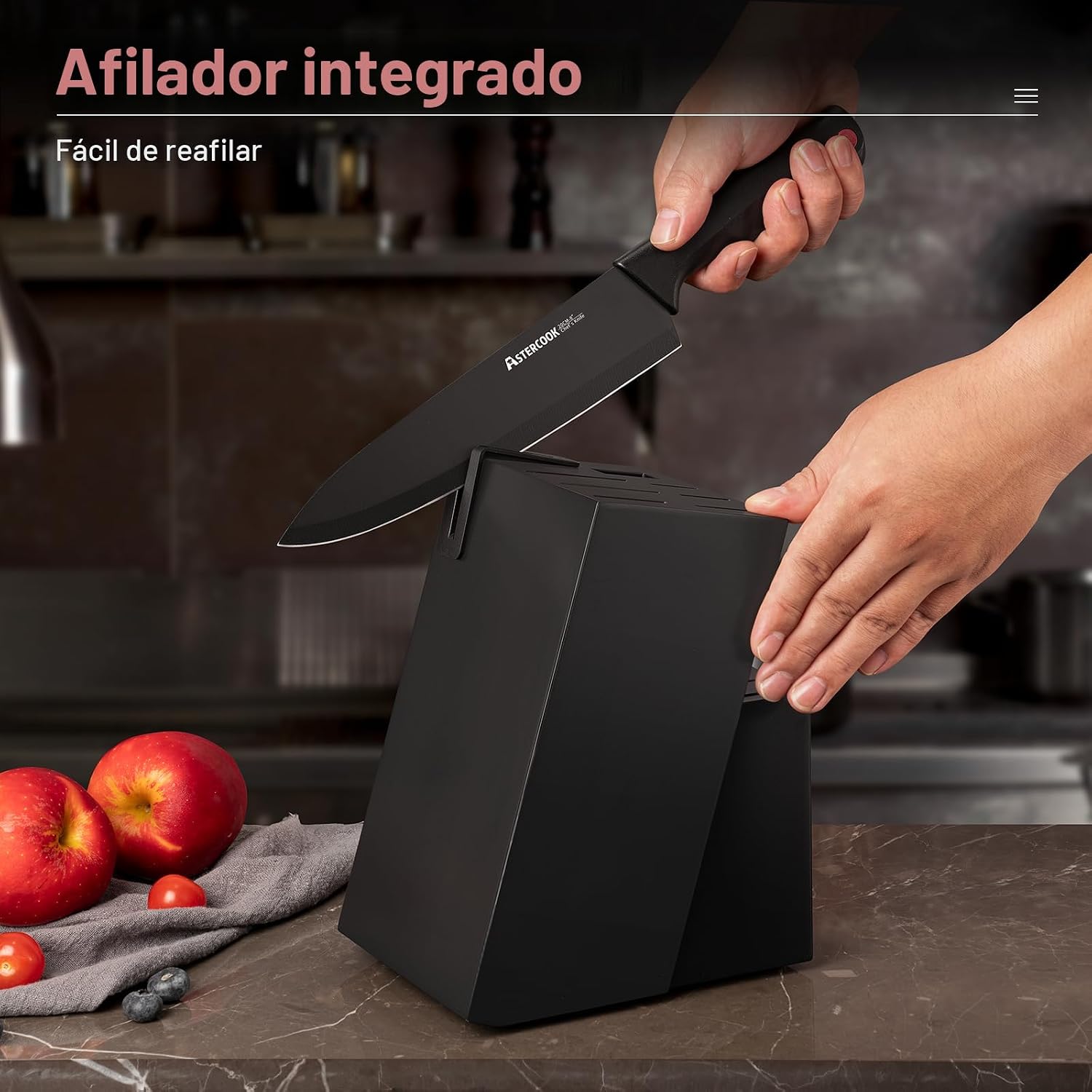 Astercook - Juego de cuchillos de 15 piezas para cocina con bloque, juego de cuchillos de cocina aptos para lavavajillas con bloque afilador integrado, juego de bloques de cuchillos de acero inoxidable alemán, color negro - Image 2