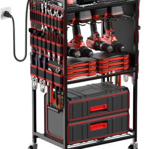 Carrito Organizador Grande para Herramientas Eléctricas con Estación de Carga, Carrito de Almacenamiento Rodante de Pie para Garaje con Taladro y Baterías de Herramientas sobre Ruedas, Estante